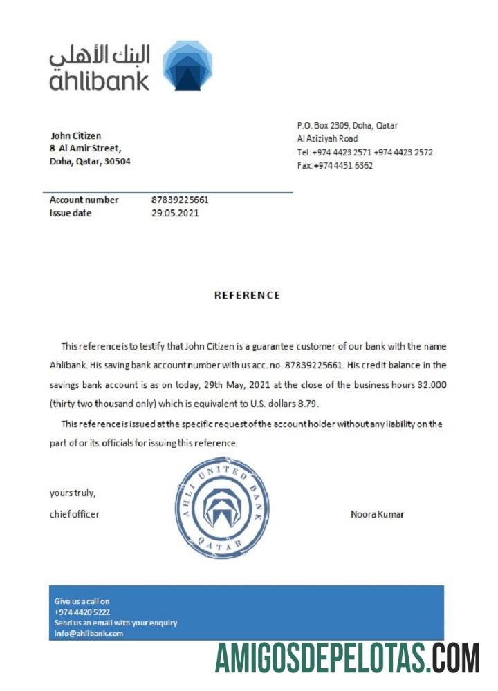 Referência do Banco Qatar Ahli modelo